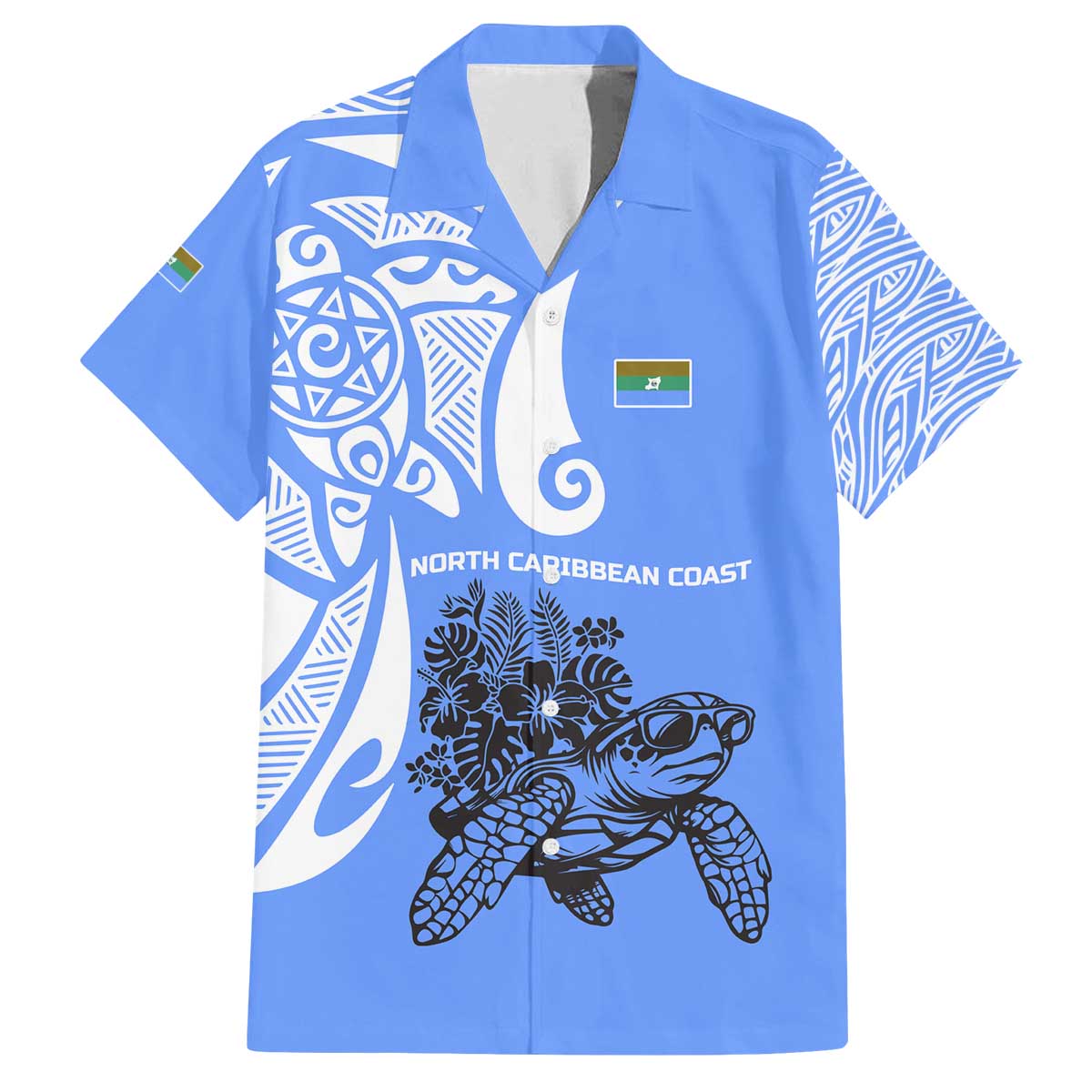 North Caribbean Coast Nicaragua Family Matching Off The Shoulder Long Sleeve Dress and Hawaiian Shirt with Tribal Turtle Design and Floral Coast Pride - Wonder Print Shop