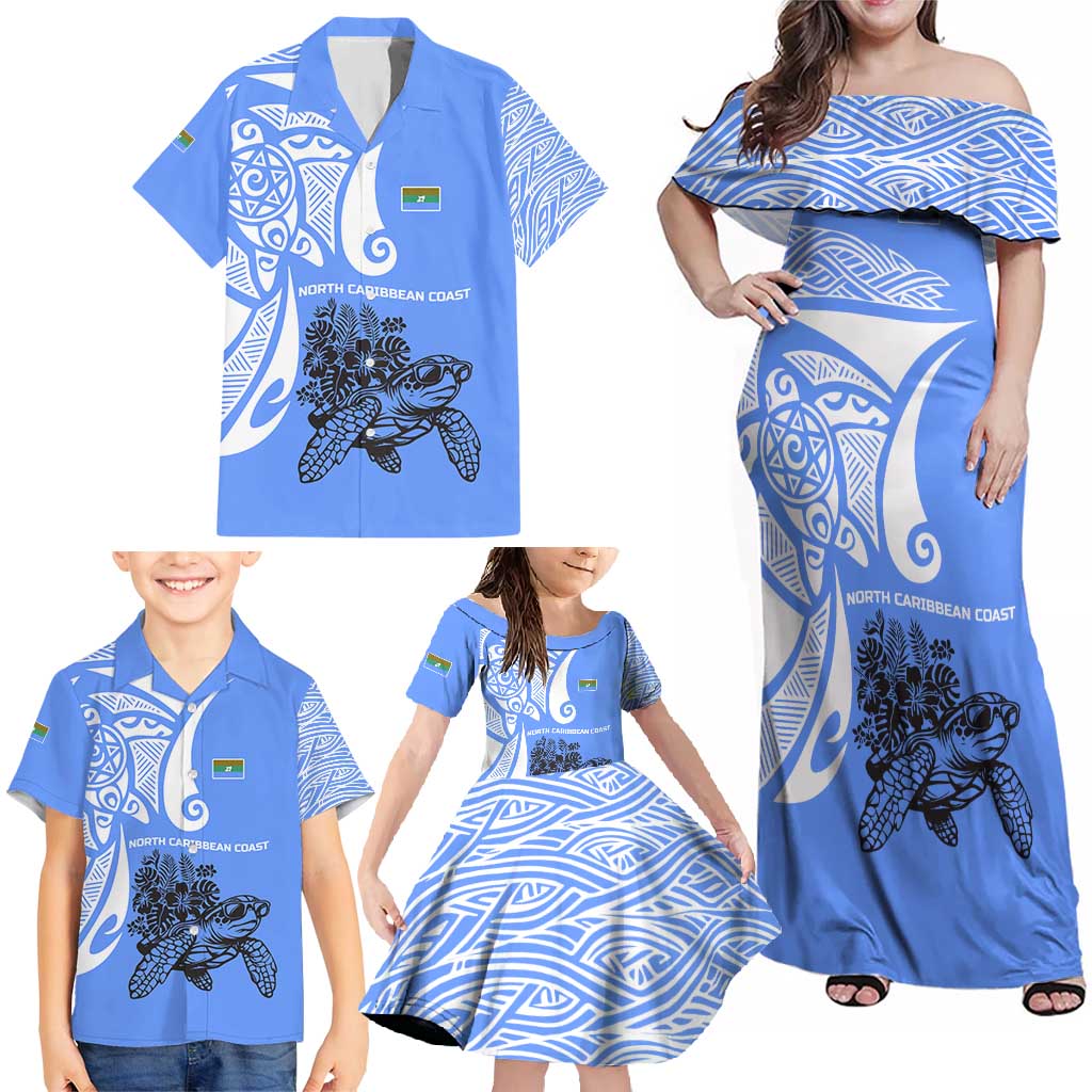 North Caribbean Coast Nicaragua Family Matching Off Shoulder Maxi Dress and Hawaiian Shirt with Tribal Turtle Design and Floral Coast Pride - Wonder Print Shop