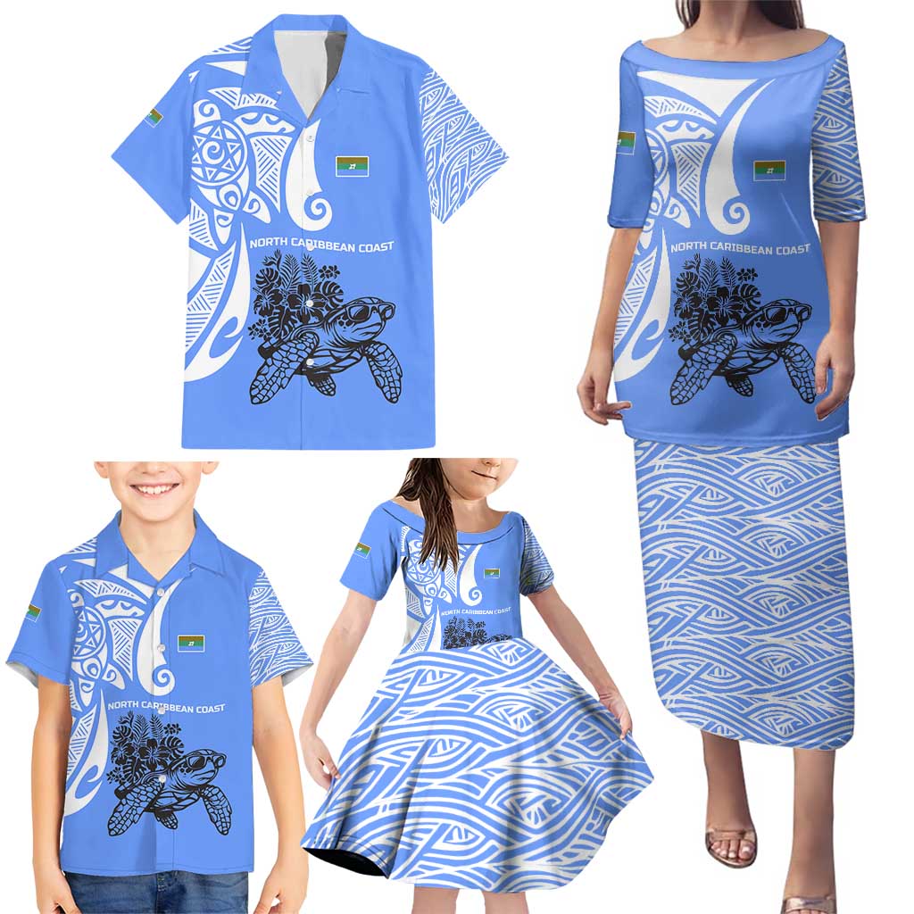 North Caribbean Coast Nicaragua Family Matching Puletasi and Hawaiian Shirt with Tribal Turtle Design and Floral Coast Pride - Wonder Print Shop