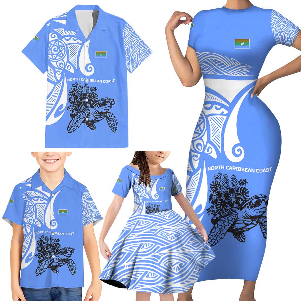 North Caribbean Coast Nicaragua Family Matching Short Sleeve Bodycon Dress and Hawaiian Shirt with Tribal Turtle Design and Floral Coast Pride - Wonder Print Shop
