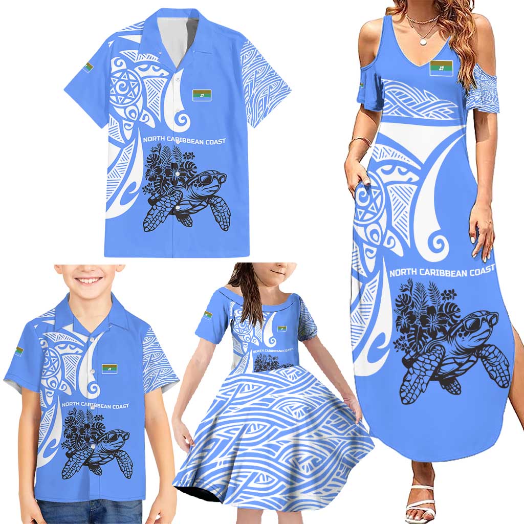 North Caribbean Coast Nicaragua Family Matching Summer Maxi Dress and Hawaiian Shirt with Tribal Turtle Design and Floral Coast Pride - Wonder Print Shop