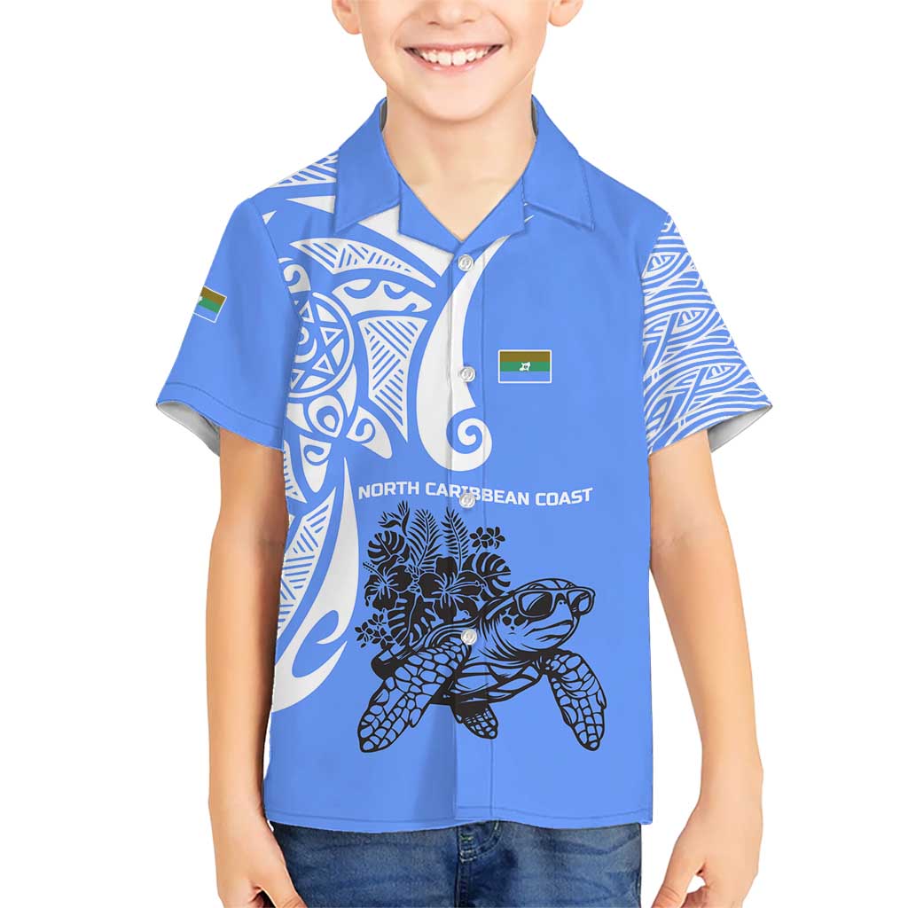 North Caribbean Coast Nicaragua Kid Hawaiian Shirt with Tribal Turtle Design and Floral Coast Pride - Wonder Print Shop