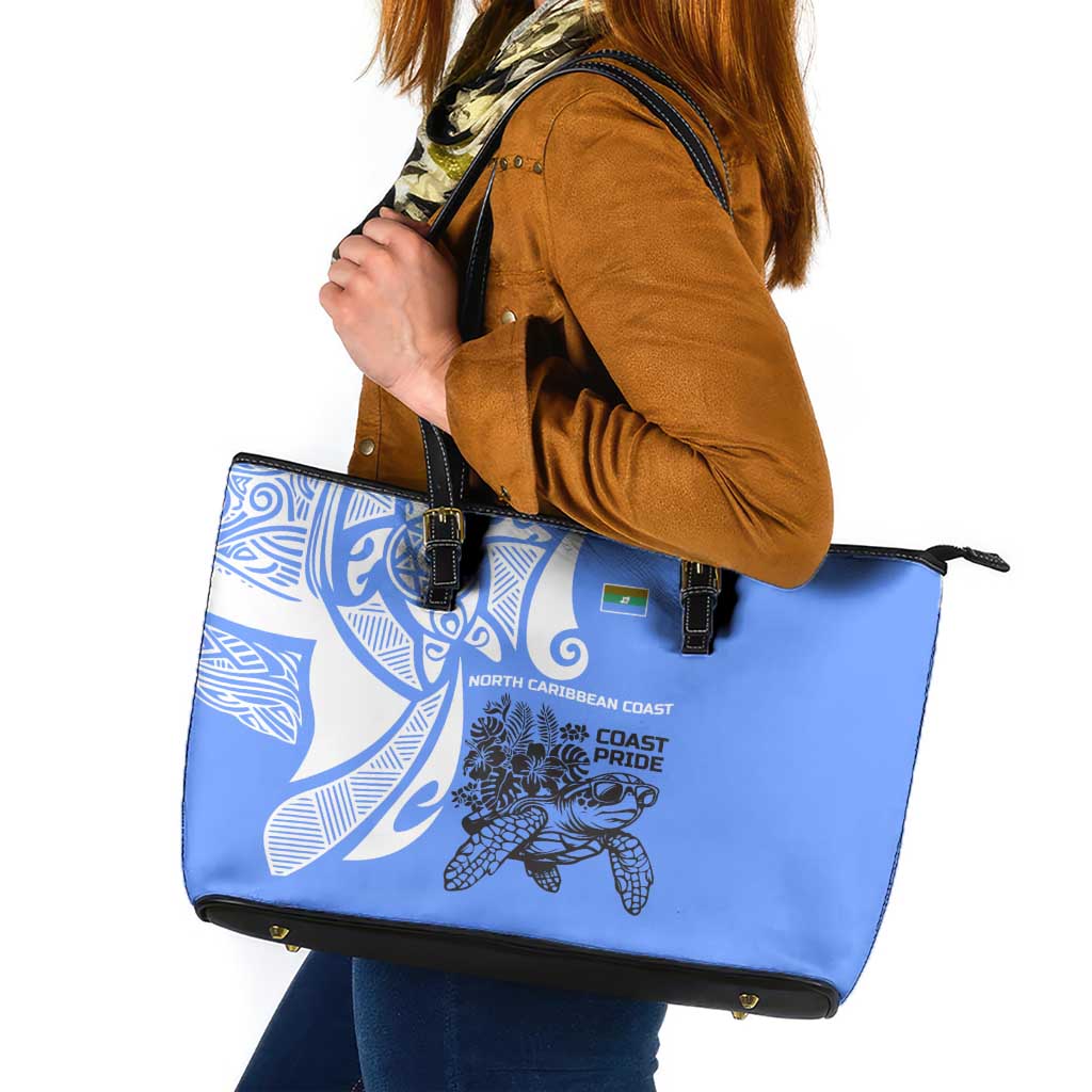 North Caribbean Coast Nicaragua Leather Tote Bag with Tribal Turtle Design and Floral Coast Pride - Wonder Print Shop