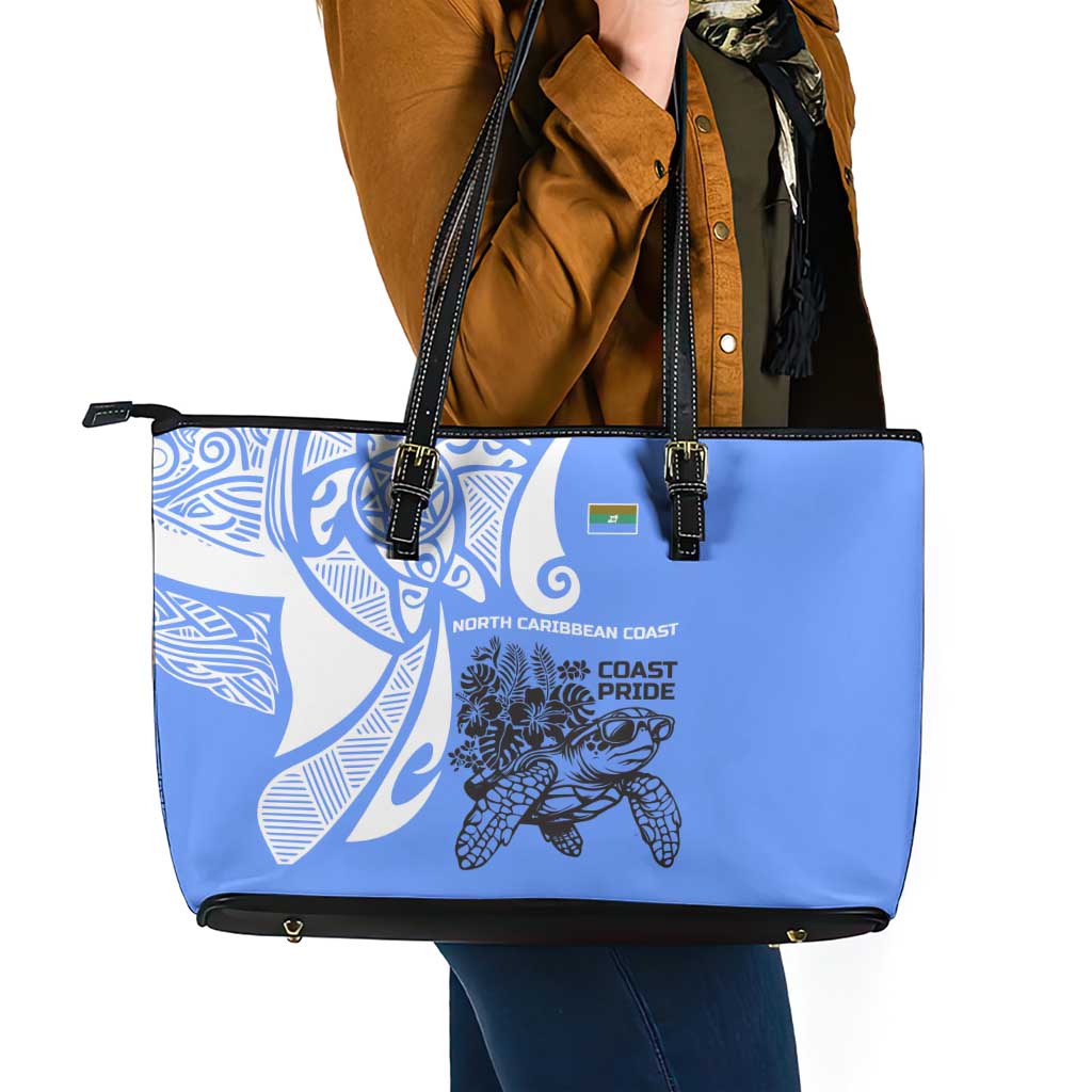 North Caribbean Coast Nicaragua Leather Tote Bag with Tribal Turtle Design and Floral Coast Pride - Wonder Print Shop