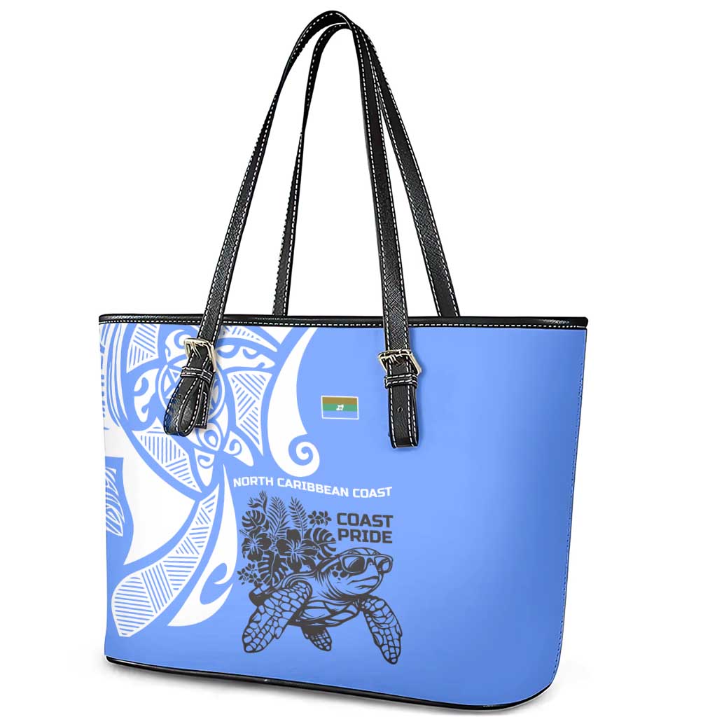 North Caribbean Coast Nicaragua Leather Tote Bag with Tribal Turtle Design and Floral Coast Pride - Wonder Print Shop