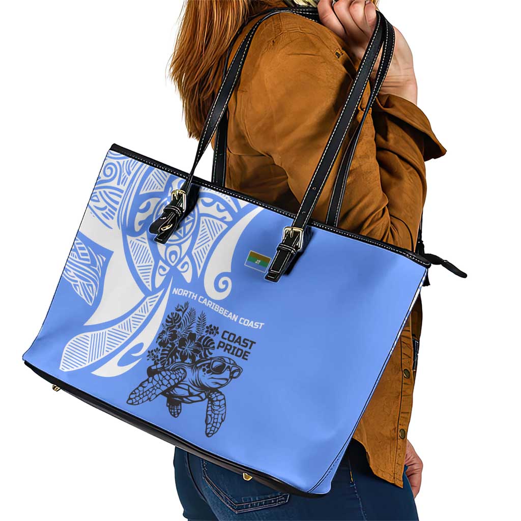 North Caribbean Coast Nicaragua Leather Tote Bag with Tribal Turtle Design and Floral Coast Pride - Wonder Print Shop