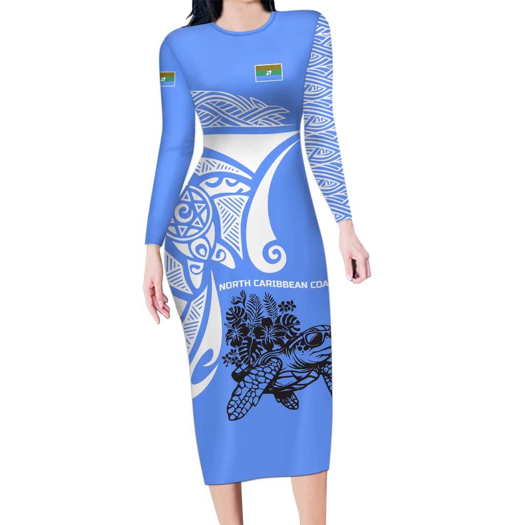 North Caribbean Coast Nicaragua Long Sleeve Bodycon Dress with Tribal Turtle Design and Floral Coast Pride - Wonder Print Shop