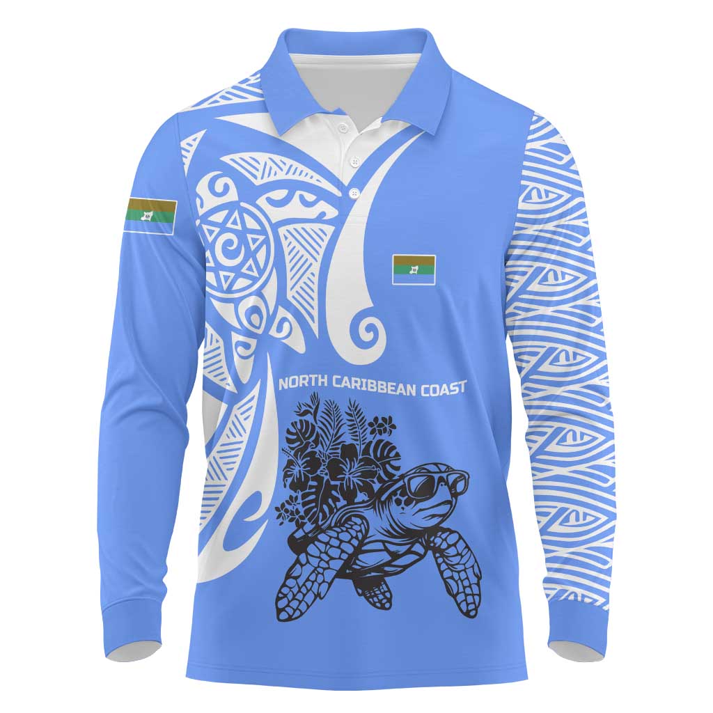 North Caribbean Coast Nicaragua Long Sleeve Polo Shirt with Tribal Turtle Design and Floral Coast Pride - Wonder Print Shop