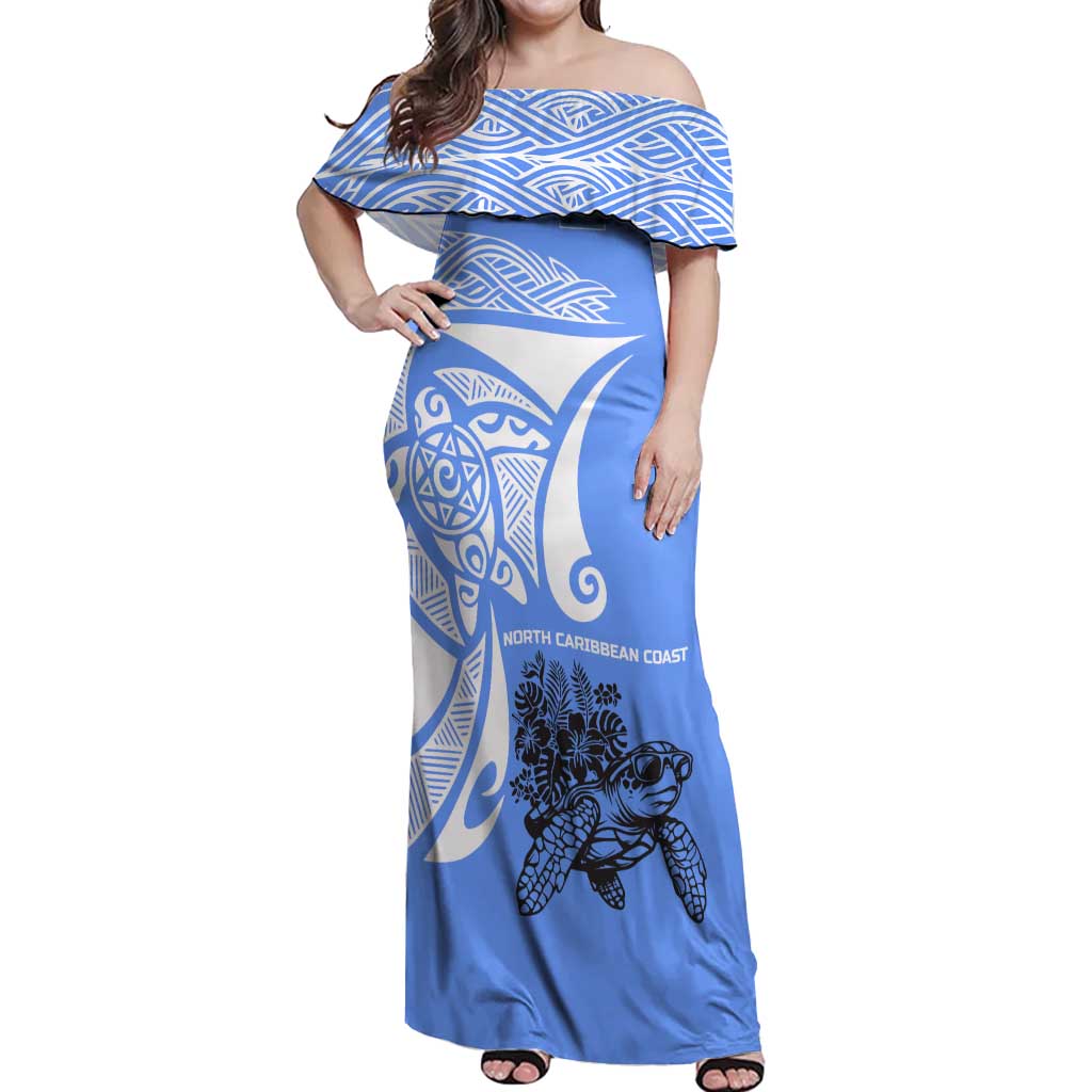North Caribbean Coast Nicaragua Off Shoulder Maxi Dress with Tribal Turtle Design and Floral Coast Pride - Wonder Print Shop