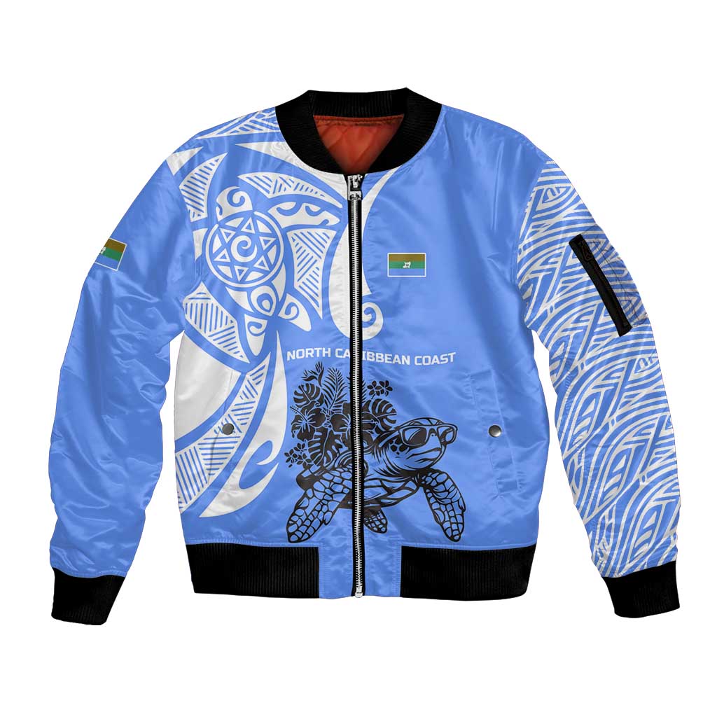 North Caribbean Coast Nicaragua Sleeve Zip Bomber Jacket with Tribal Turtle Design and Floral Coast Pride - Wonder Print Shop