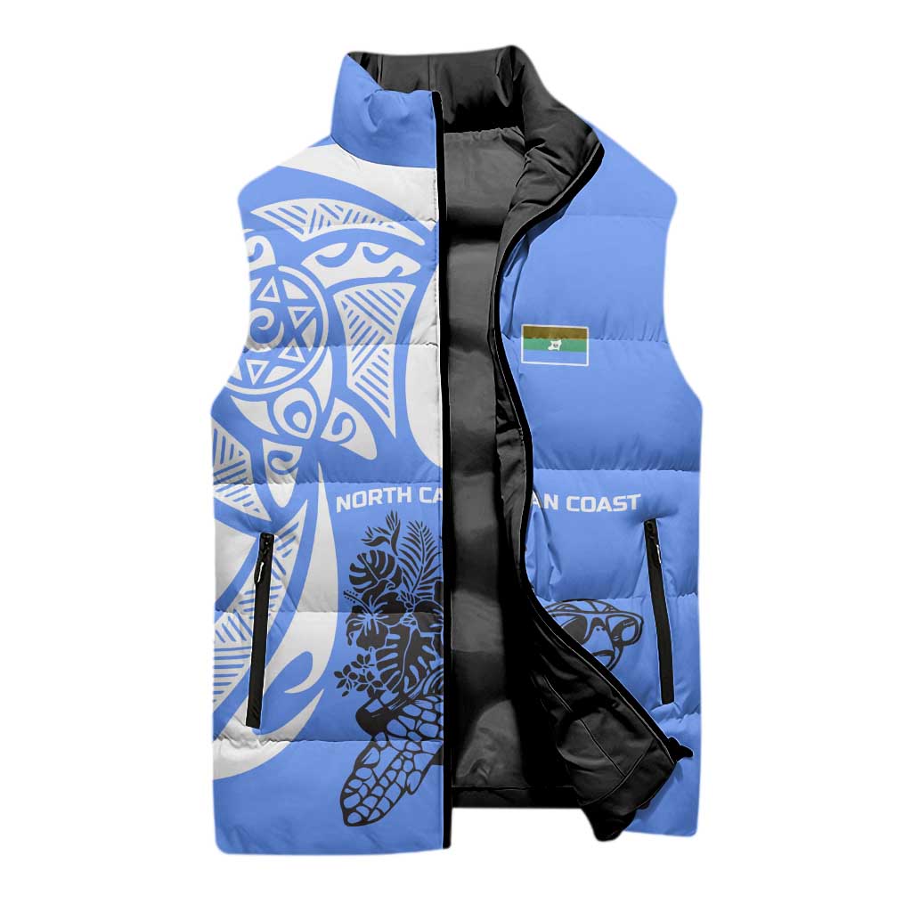 North Caribbean Coast Nicaragua Sleeveless Puffer Jacket with Tribal Turtle Design and Floral Coast Pride - Wonder Print Shop