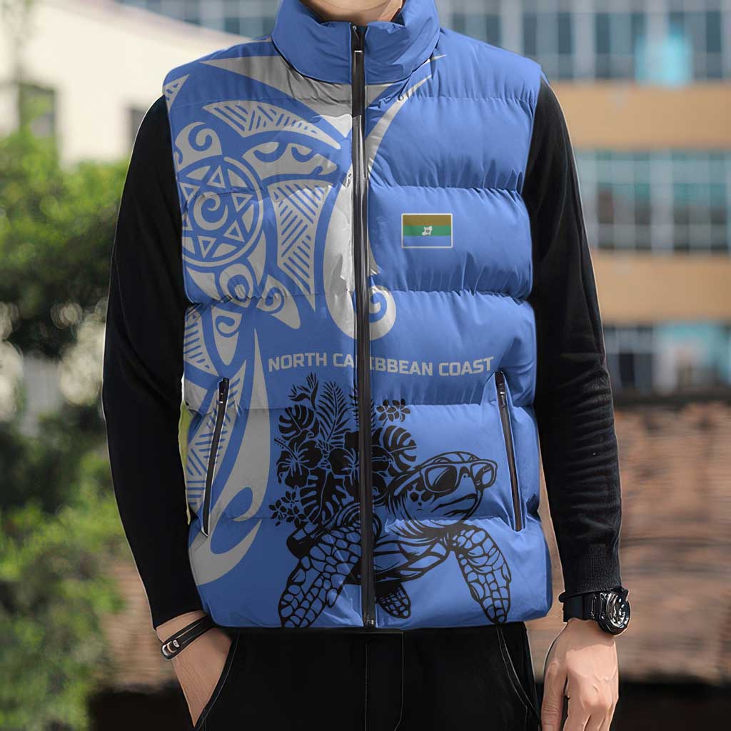 North Caribbean Coast Nicaragua Sleeveless Puffer Jacket with Tribal Turtle Design and Floral Coast Pride - Wonder Print Shop
