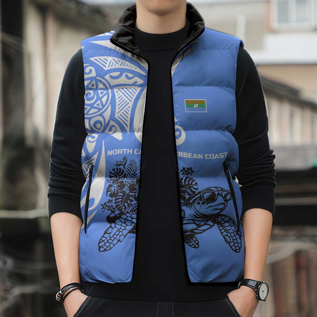 North Caribbean Coast Nicaragua Sleeveless Puffer Jacket with Tribal Turtle Design and Floral Coast Pride - Wonder Print Shop