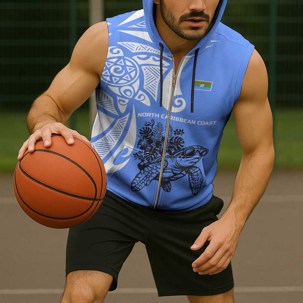North Caribbean Coast Nicaragua Sleeveless Zip Hoodie with Tribal Turtle Design and Floral Coast Pride - Wonder Print Shop