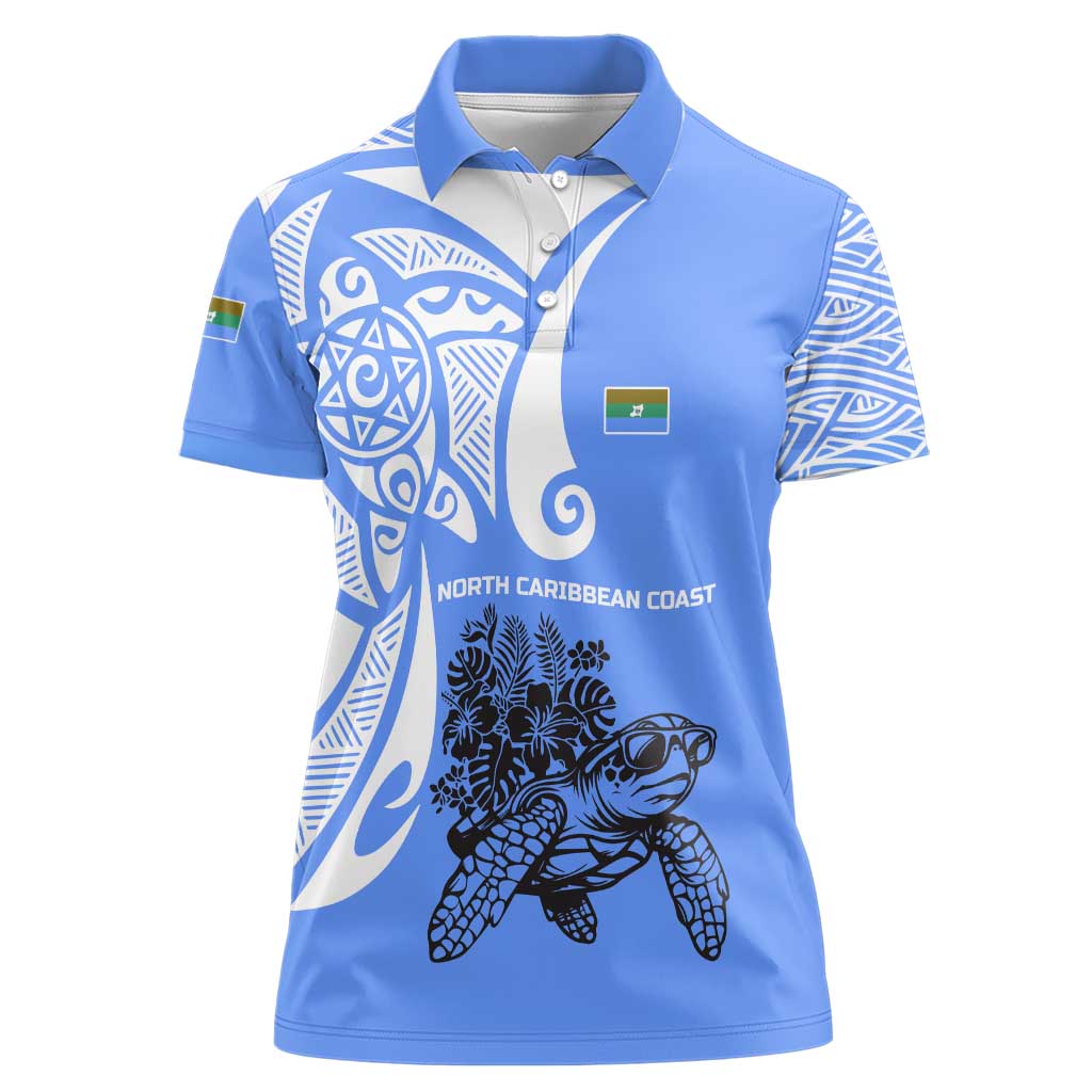 North Caribbean Coast Nicaragua Women Polo Shirt with Tribal Turtle Design and Floral Coast Pride - Wonder Print Shop
