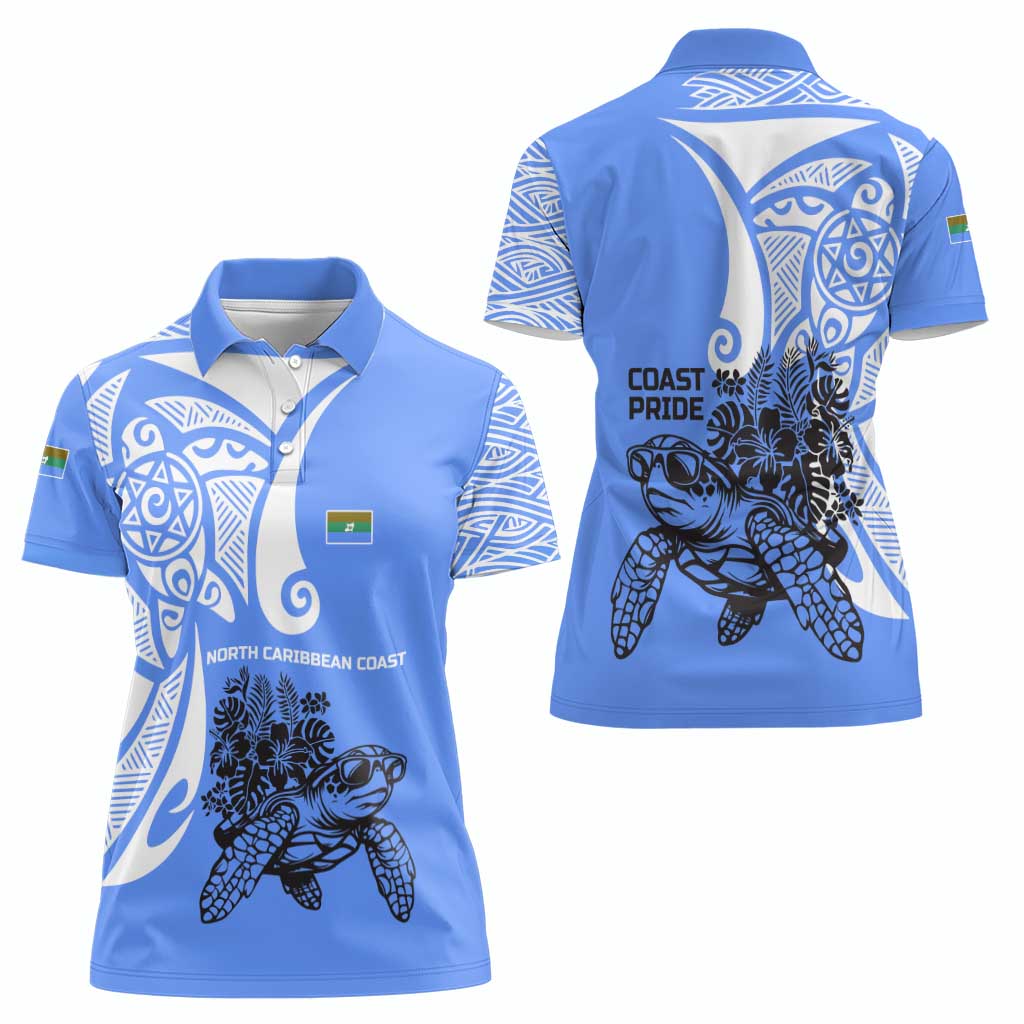 North Caribbean Coast Nicaragua Women Polo Shirt with Tribal Turtle Design and Floral Coast Pride - Wonder Print Shop