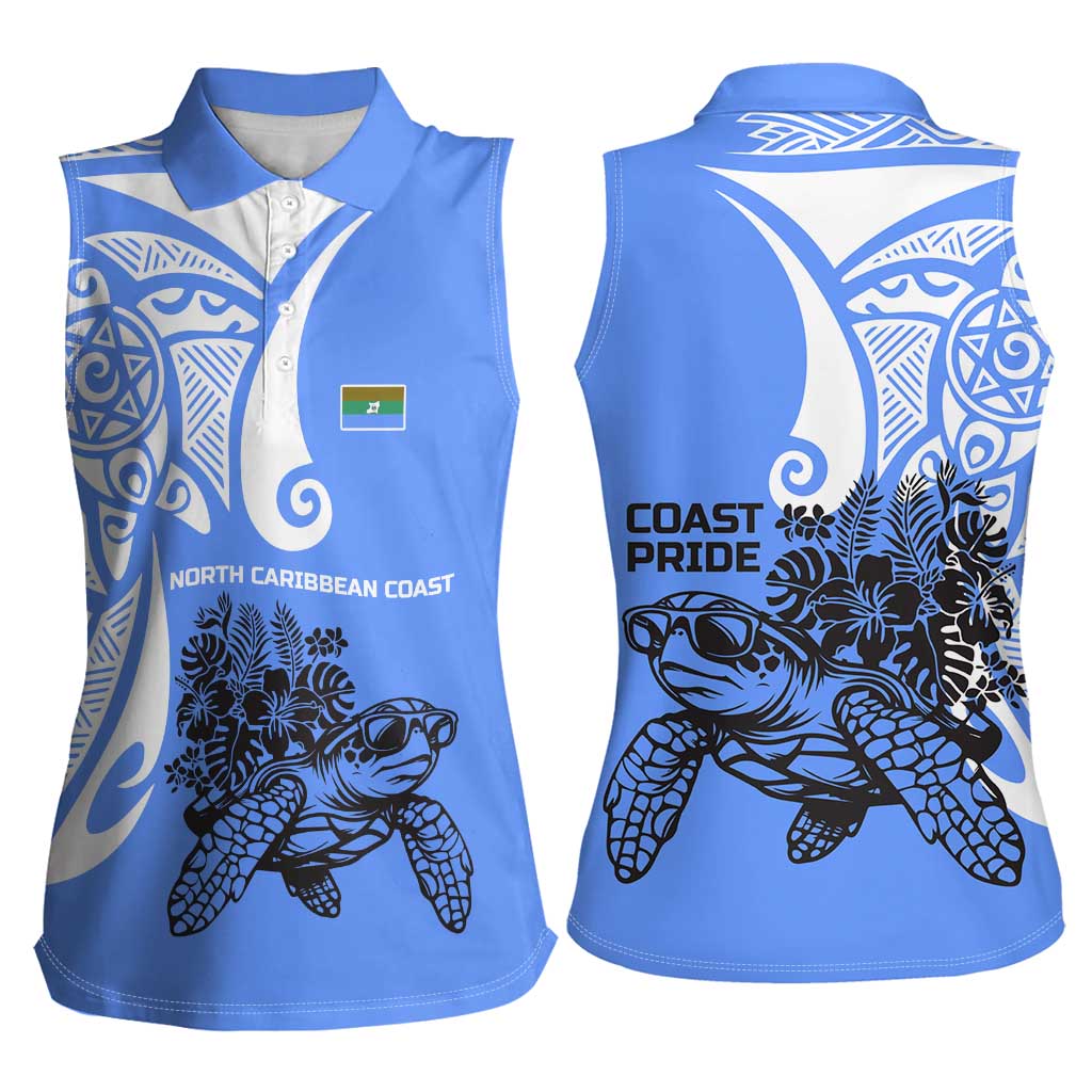 North Caribbean Coast Nicaragua Women Sleeveless Polo Shirt with Tribal Turtle Design and Floral Coast Pride - Wonder Print Shop