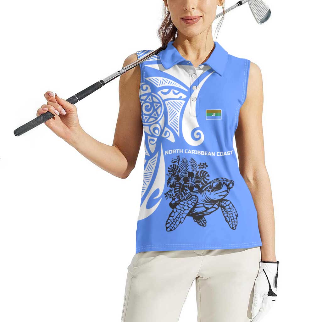 North Caribbean Coast Nicaragua Women Sleeveless Polo Shirt with Tribal Turtle Design and Floral Coast Pride - Wonder Print Shop