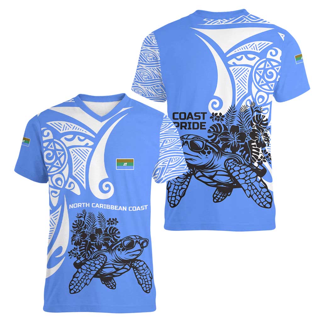 North Caribbean Coast Nicaragua Women V-Neck T-Shirt with Tribal Turtle Design and Floral Coast Pride - Wonder Print Shop