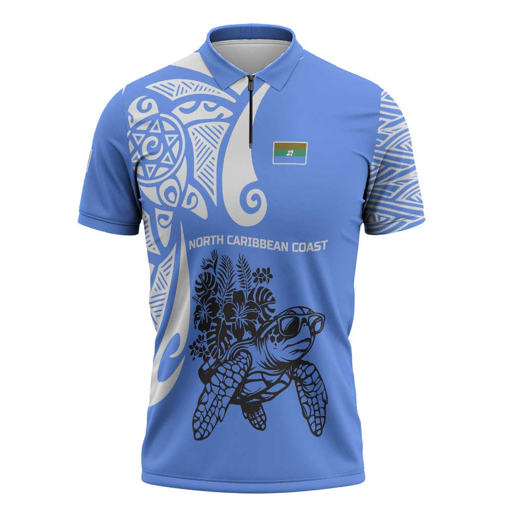 North Caribbean Coast Nicaragua Zipper Polo Shirt with Tribal Turtle Design and Floral Coast Pride - Wonder Print Shop