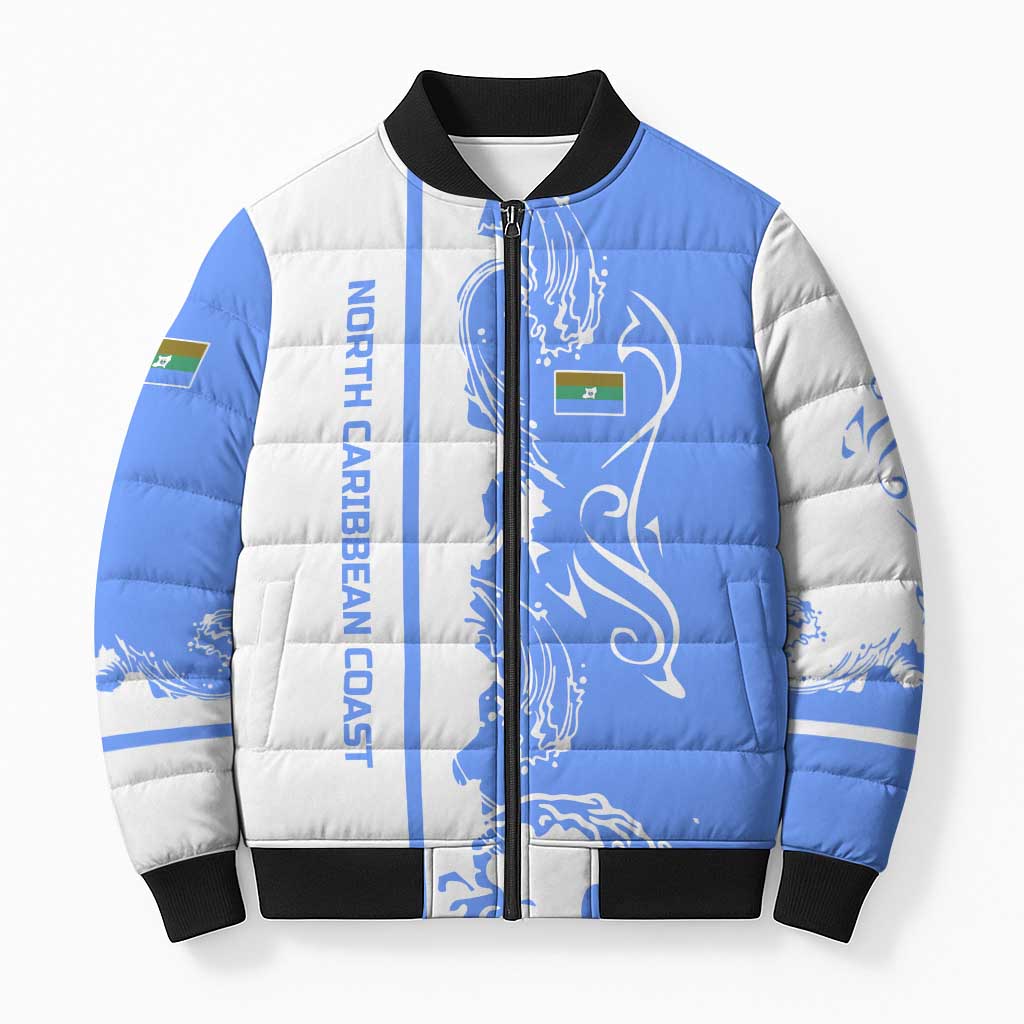 Nicaragua North Caribbean Coast Bomber Puffer Jacket with Ocean Wave Pattern and Dance with the Waves - Wonder Print Shop