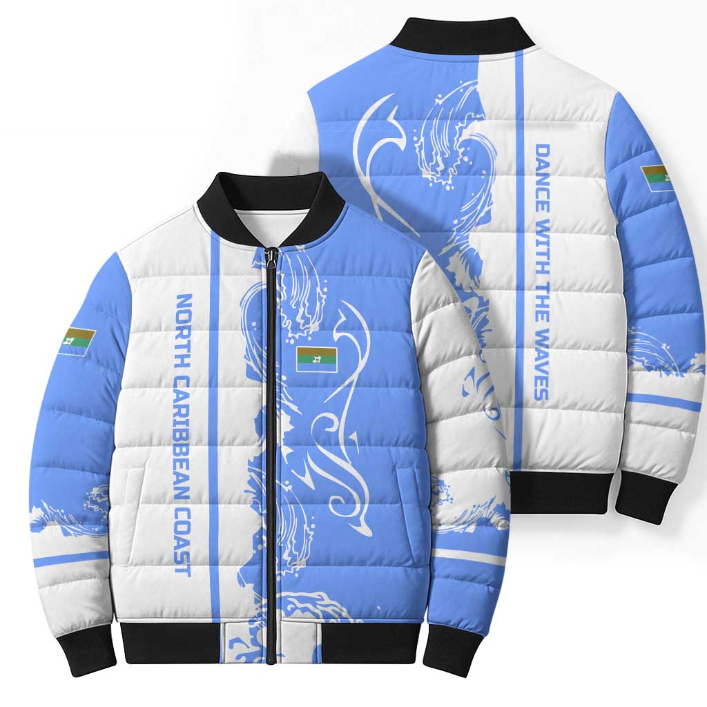 Nicaragua North Caribbean Coast Bomber Puffer Jacket with Ocean Wave Pattern and Dance with the Waves - Wonder Print Shop