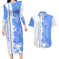 Nicaragua North Caribbean Coast Couples Matching Long Sleeve Bodycon Dress and Hawaiian Shirt with Ocean Wave Pattern and Dance with the Waves - Wonder Print Shop