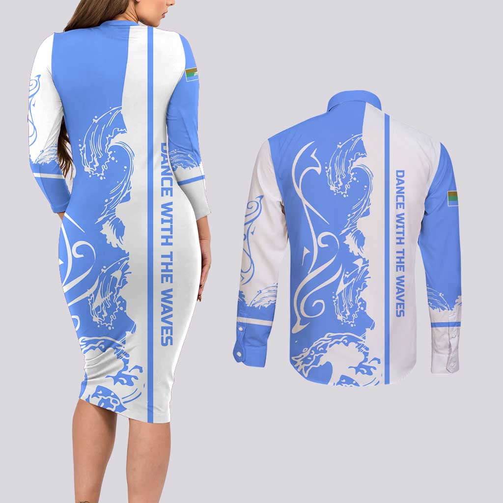 Nicaragua North Caribbean Coast Couples Matching Long Sleeve Bodycon Dress and Long Sleeve Button Shirt with Ocean Wave Pattern and Dance with the Waves - Wonder Print Shop