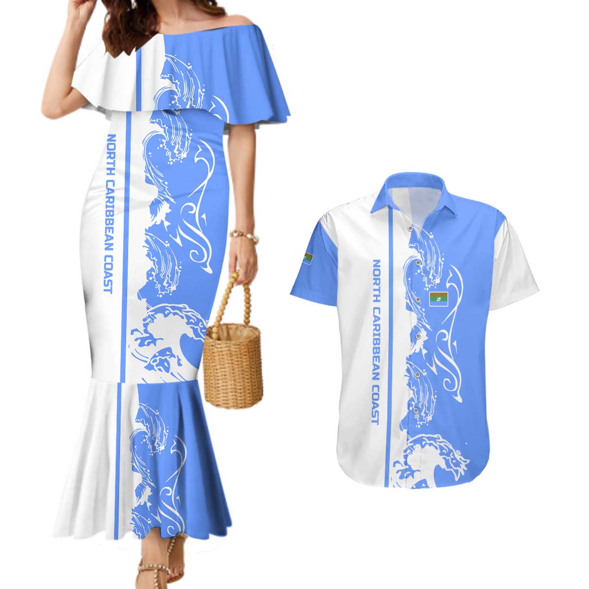 Nicaragua North Caribbean Coast Couples Matching Mermaid Dress and Hawaiian Shirt with Ocean Wave Pattern and Dance with the Waves - Wonder Print Shop