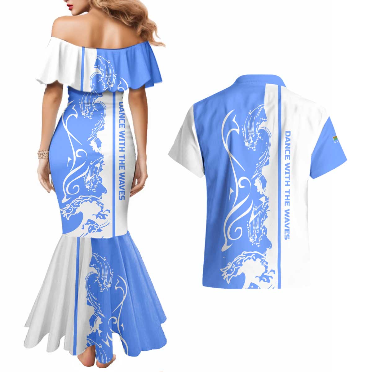 Nicaragua North Caribbean Coast Couples Matching Mermaid Dress and Hawaiian Shirt with Ocean Wave Pattern and Dance with the Waves - Wonder Print Shop