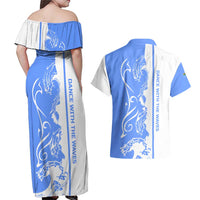 Nicaragua North Caribbean Coast Couples Matching Off Shoulder Maxi Dress and Hawaiian Shirt with Ocean Wave Pattern and Dance with the Waves - Wonder Print Shop