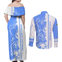 Nicaragua North Caribbean Coast Couples Matching Off Shoulder Maxi Dress and Long Sleeve Button Shirt with Ocean Wave Pattern and Dance with the Waves - Wonder Print Shop