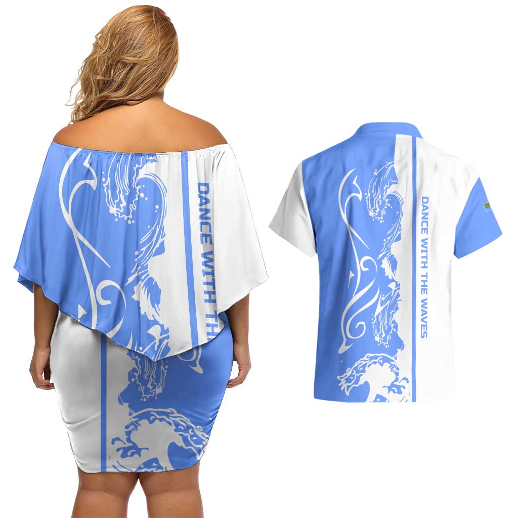 Nicaragua North Caribbean Coast Couples Matching Off Shoulder Short Dress and Hawaiian Shirt with Ocean Wave Pattern and Dance with the Waves - Wonder Print Shop
