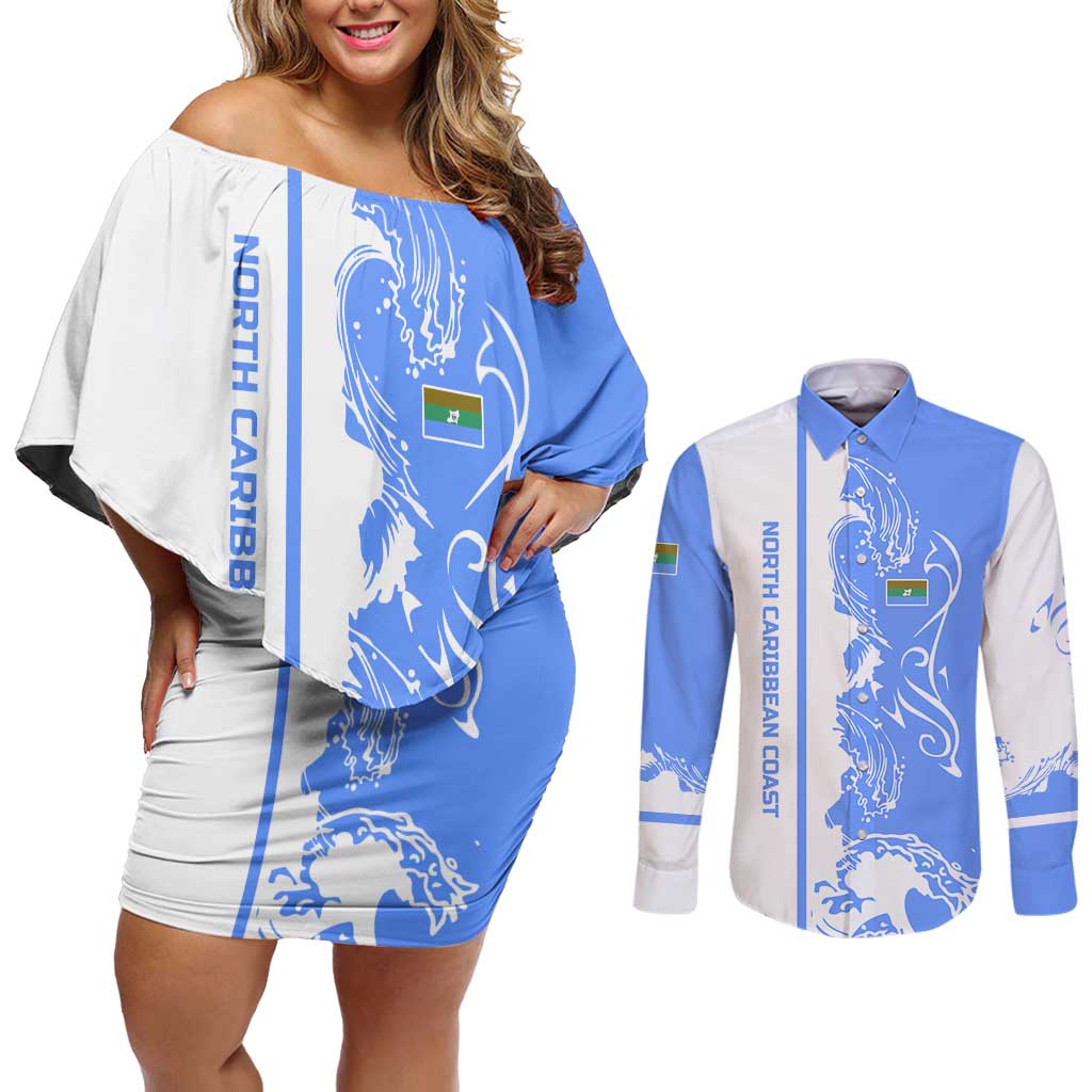 Nicaragua North Caribbean Coast Couples Matching Off Shoulder Short Dress and Long Sleeve Button Shirt with Ocean Wave Pattern and Dance with the Waves - Wonder Print Shop
