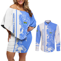 Nicaragua North Caribbean Coast Couples Matching Off Shoulder Short Dress and Long Sleeve Button Shirt with Ocean Wave Pattern and Dance with the Waves - Wonder Print Shop
