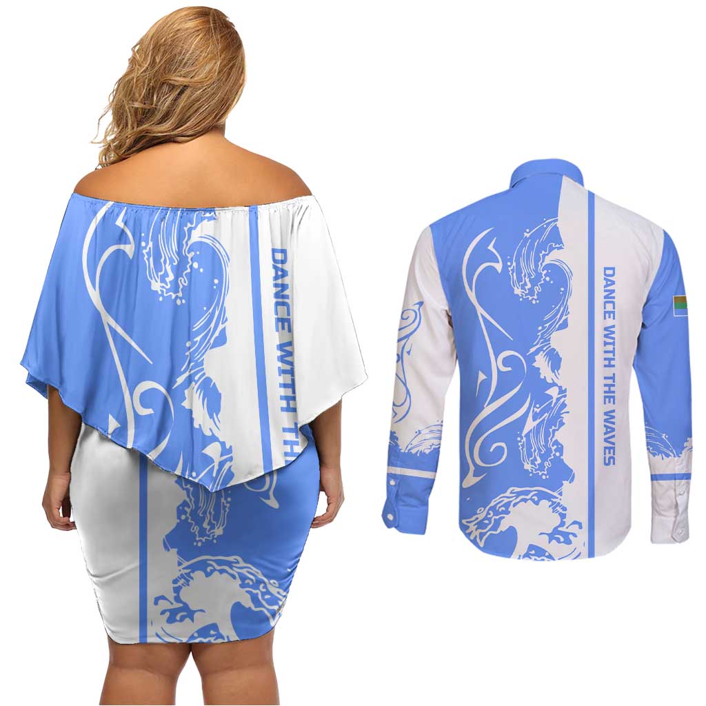Nicaragua North Caribbean Coast Couples Matching Off Shoulder Short Dress and Long Sleeve Button Shirt with Ocean Wave Pattern and Dance with the Waves - Wonder Print Shop