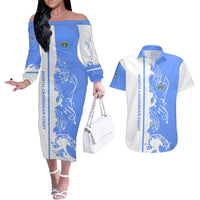 Nicaragua North Caribbean Coast Couples Matching Off The Shoulder Long Sleeve Dress and Hawaiian Shirt with Ocean Wave Pattern and Dance with the Waves - Wonder Print Shop