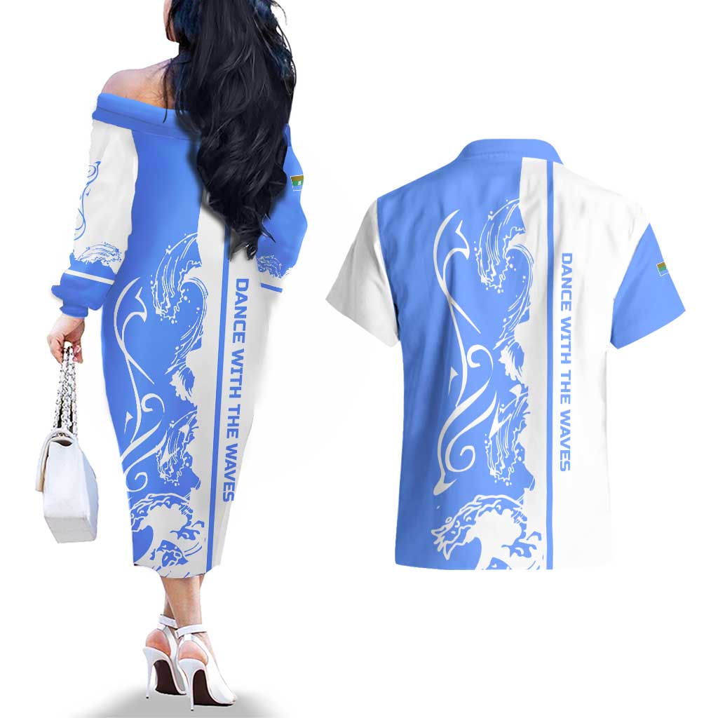 Nicaragua North Caribbean Coast Couples Matching Off The Shoulder Long Sleeve Dress and Hawaiian Shirt with Ocean Wave Pattern and Dance with the Waves - Wonder Print Shop