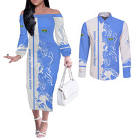 Nicaragua North Caribbean Coast Couples Matching Off The Shoulder Long Sleeve Dress and Long Sleeve Button Shirt with Ocean Wave Pattern and Dance with the Waves - Wonder Print Shop