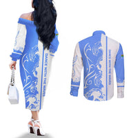 Nicaragua North Caribbean Coast Couples Matching Off The Shoulder Long Sleeve Dress and Long Sleeve Button Shirt with Ocean Wave Pattern and Dance with the Waves - Wonder Print Shop