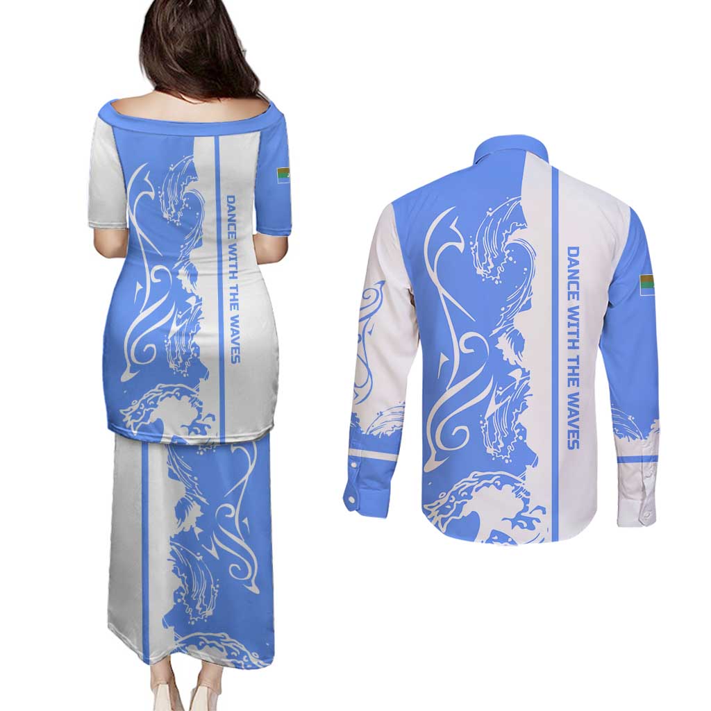 Nicaragua North Caribbean Coast Couples Matching Puletasi and Long Sleeve Button Shirt with Ocean Wave Pattern and Dance with the Waves - Wonder Print Shop