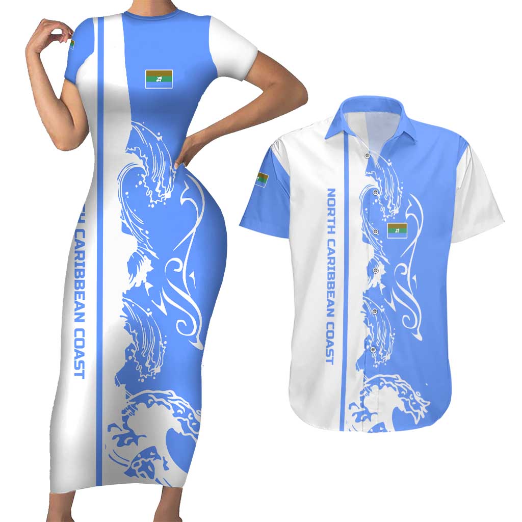 Nicaragua North Caribbean Coast Couples Matching Short Sleeve Bodycon Dress and Hawaiian Shirt with Ocean Wave Pattern and Dance with the Waves - Wonder Print Shop