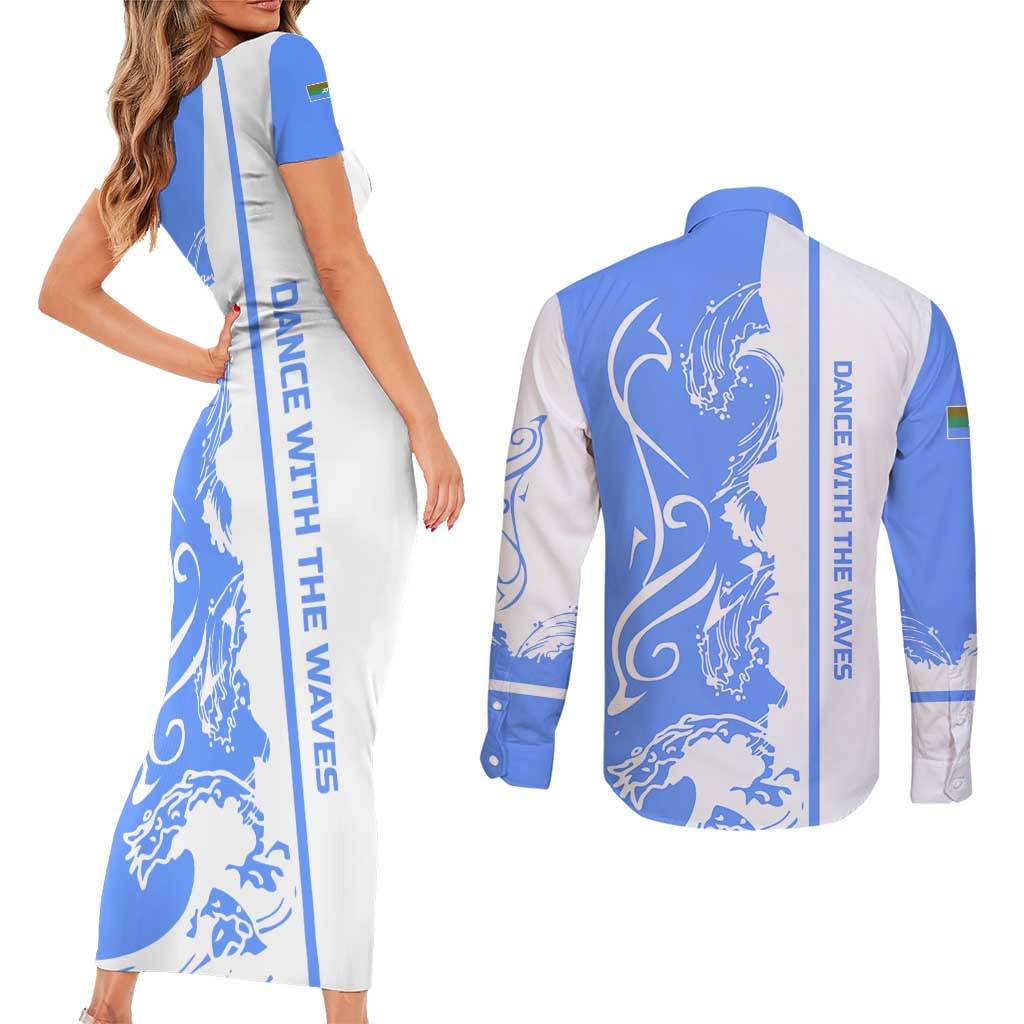 Nicaragua North Caribbean Coast Couples Matching Short Sleeve Bodycon Dress and Long Sleeve Button Shirt with Ocean Wave Pattern and Dance with the Waves - Wonder Print Shop