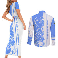 Nicaragua North Caribbean Coast Couples Matching Short Sleeve Bodycon Dress and Long Sleeve Button Shirt with Ocean Wave Pattern and Dance with the Waves - Wonder Print Shop
