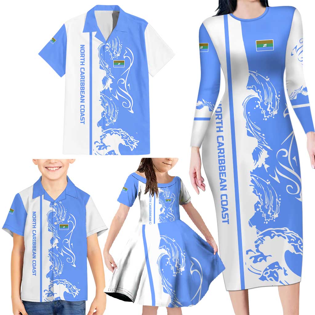Nicaragua North Caribbean Coast Family Matching Long Sleeve Bodycon Dress and Hawaiian Shirt with Ocean Wave Pattern and Dance with the Waves - Wonder Print Shop