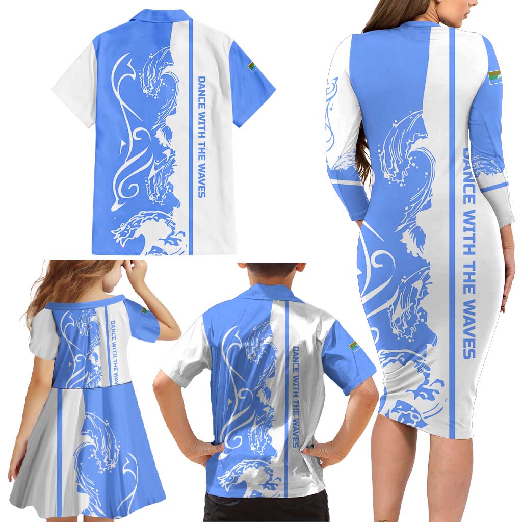 Nicaragua North Caribbean Coast Family Matching Long Sleeve Bodycon Dress and Hawaiian Shirt with Ocean Wave Pattern and Dance with the Waves - Wonder Print Shop