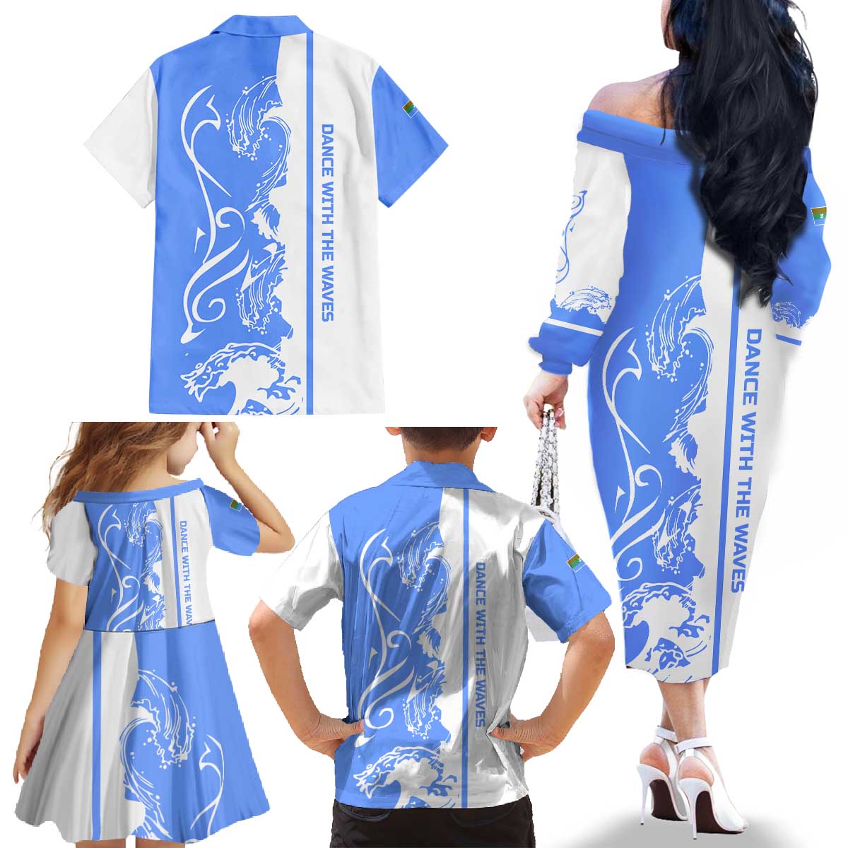 Nicaragua North Caribbean Coast Family Matching Off The Shoulder Long Sleeve Dress and Hawaiian Shirt with Ocean Wave Pattern and Dance with the Waves - Wonder Print Shop