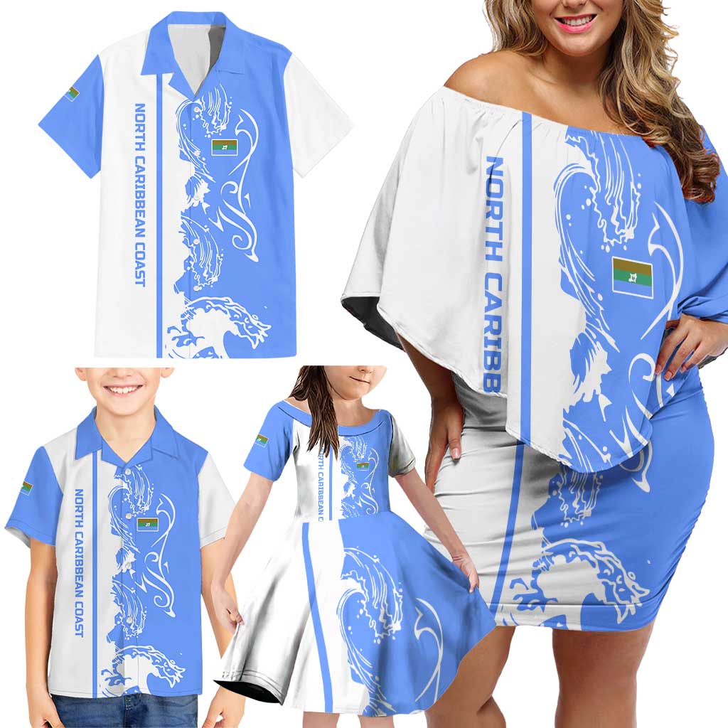 Nicaragua North Caribbean Coast Family Matching Off Shoulder Short Dress and Hawaiian Shirt with Ocean Wave Pattern and Dance with the Waves - Wonder Print Shop