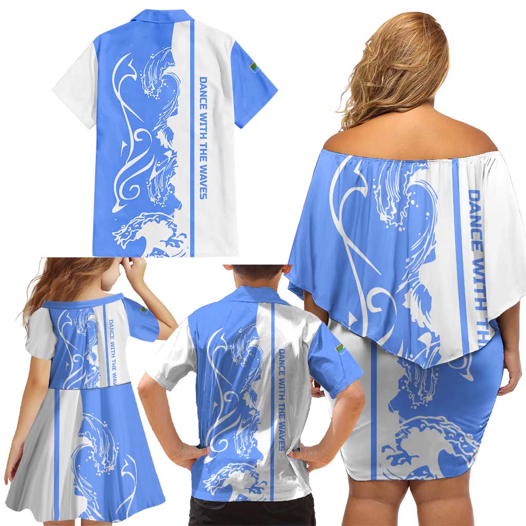 Nicaragua North Caribbean Coast Family Matching Off Shoulder Short Dress and Hawaiian Shirt with Ocean Wave Pattern and Dance with the Waves - Wonder Print Shop