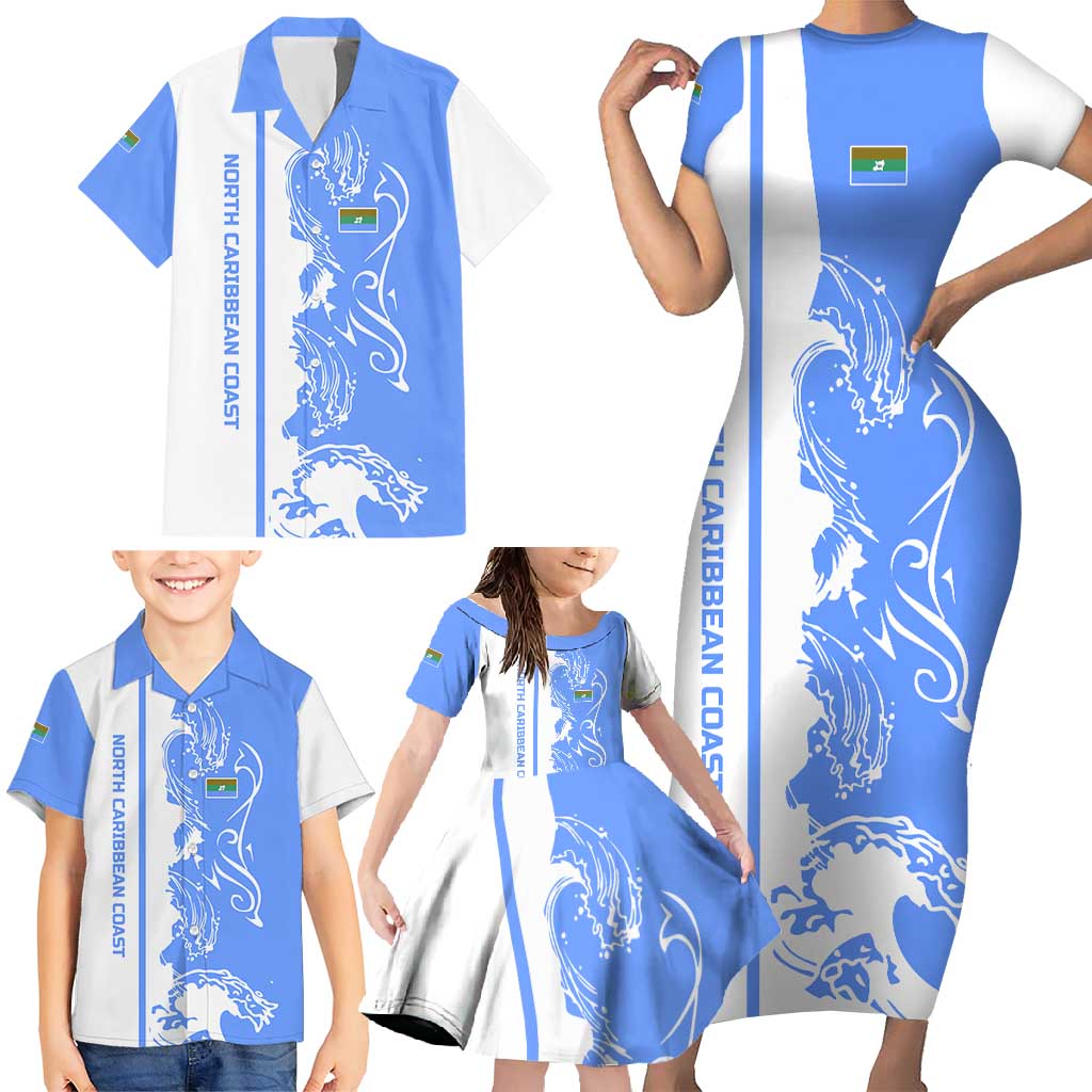 Nicaragua North Caribbean Coast Family Matching Short Sleeve Bodycon Dress and Hawaiian Shirt with Ocean Wave Pattern and Dance with the Waves - Wonder Print Shop